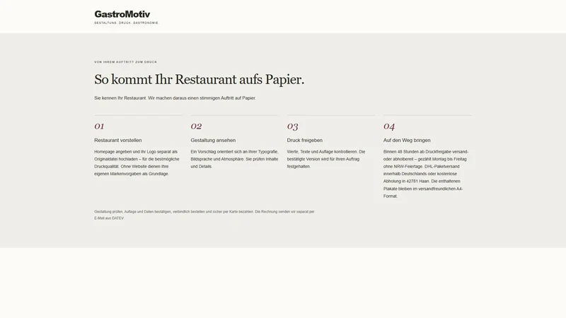 Der Ablauf von Homepage und Logo über die Prüfung des Gestaltungsentwurfs und die Druckfreigabe bis zur Produktion. Darstellung des Prozessbereichs der Gastromotiv-Website.